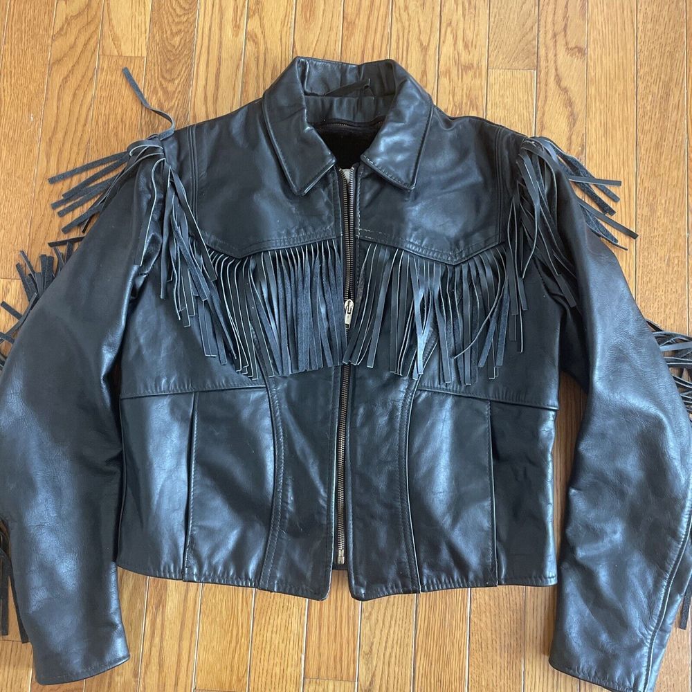 Schott NYC Vintage Fringe Motorcycle Jacket Black Fur Lining Womens 14 S/M